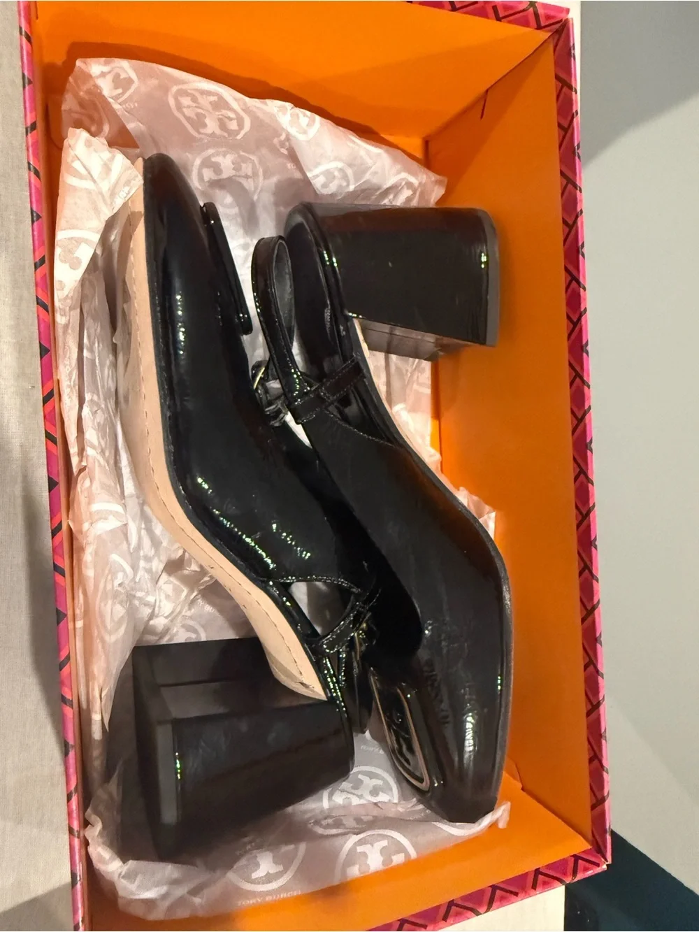 Tory Burch Georgia Black Patent Slingback Heels with Gold Logo